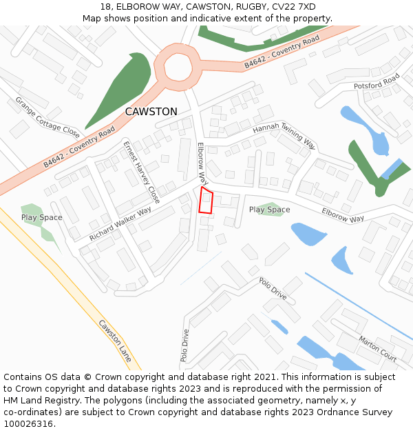 18, ELBOROW WAY, CAWSTON, RUGBY, CV22 7XD: Location map and indicative extent of plot