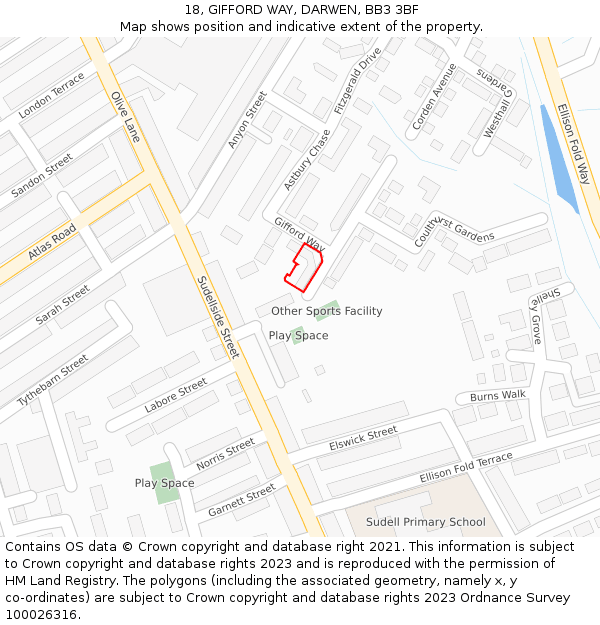 18, GIFFORD WAY, DARWEN, BB3 3BF: Location map and indicative extent of plot
