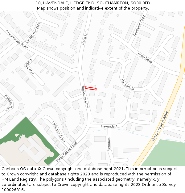 18, HAVENDALE, HEDGE END, SOUTHAMPTON, SO30 0FD: Location map and indicative extent of plot