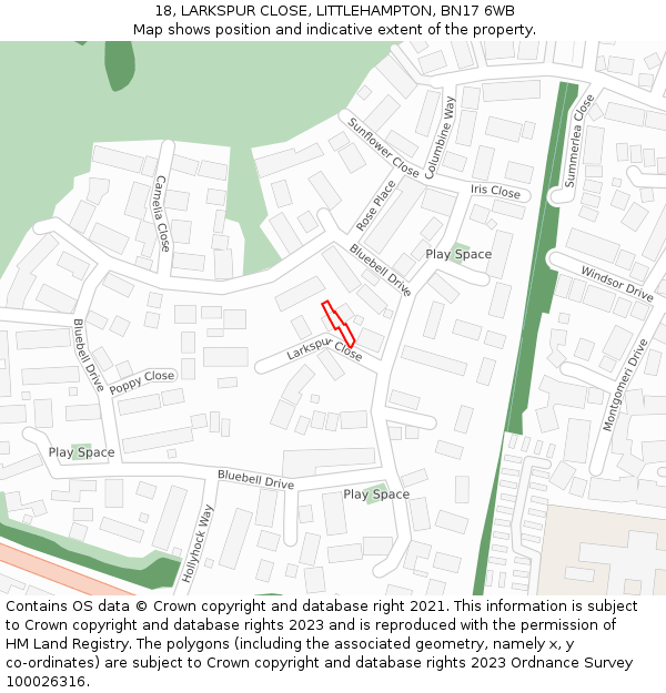 18, LARKSPUR CLOSE, LITTLEHAMPTON, BN17 6WB: Location map and indicative extent of plot