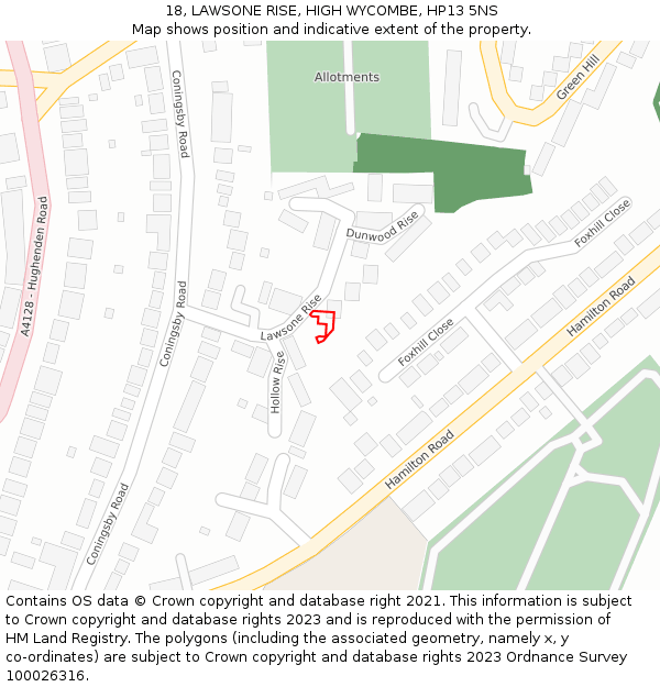 18, LAWSONE RISE, HIGH WYCOMBE, HP13 5NS: Location map and indicative extent of plot