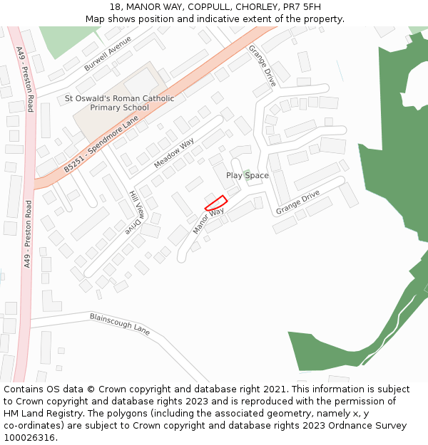 18, MANOR WAY, COPPULL, CHORLEY, PR7 5FH: Location map and indicative extent of plot