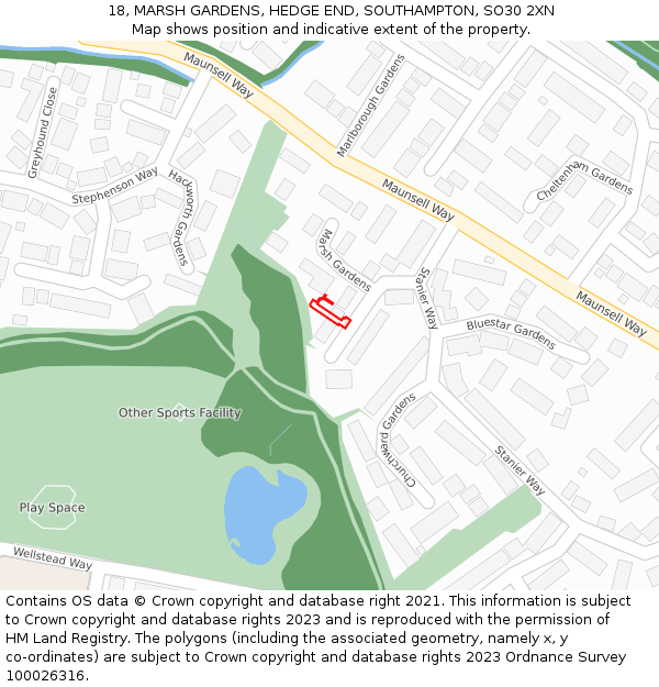 18, MARSH GARDENS, HEDGE END, SOUTHAMPTON, SO30 2XN: Location map and indicative extent of plot