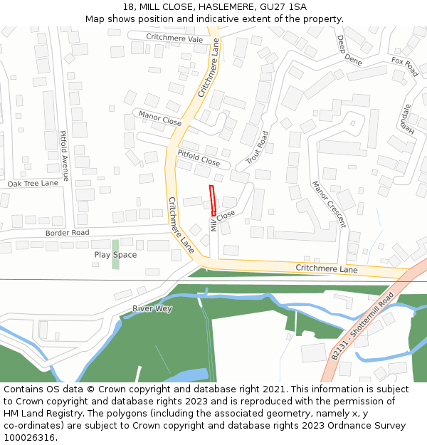 18, MILL CLOSE, HASLEMERE, GU27 1SA: Location map and indicative extent of plot