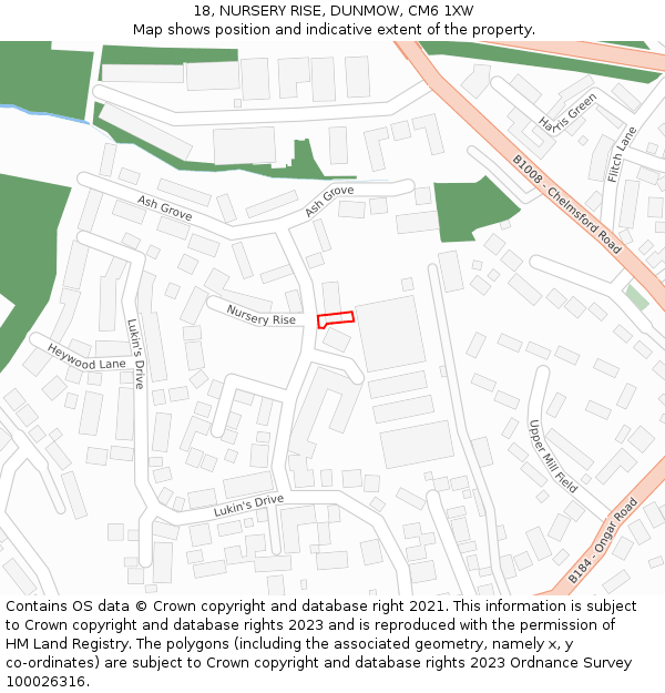 18, NURSERY RISE, DUNMOW, CM6 1XW: Location map and indicative extent of plot