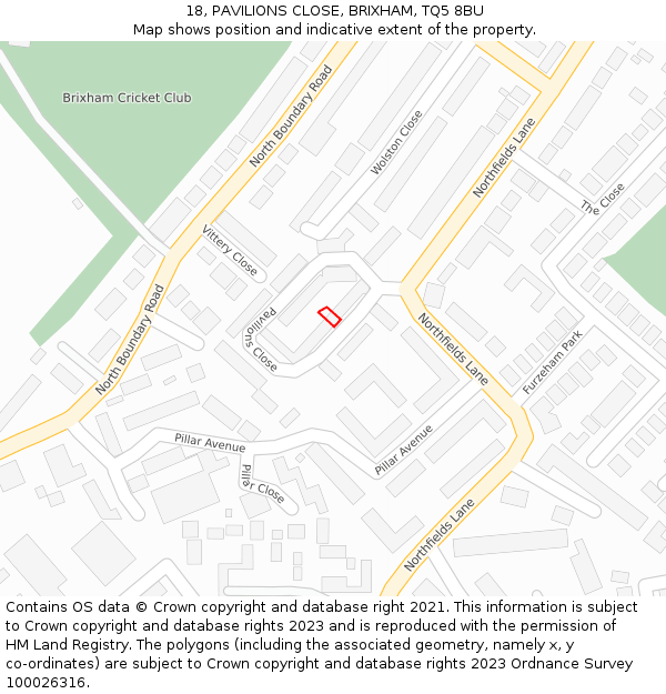 18, PAVILIONS CLOSE, BRIXHAM, TQ5 8BU: Location map and indicative extent of plot