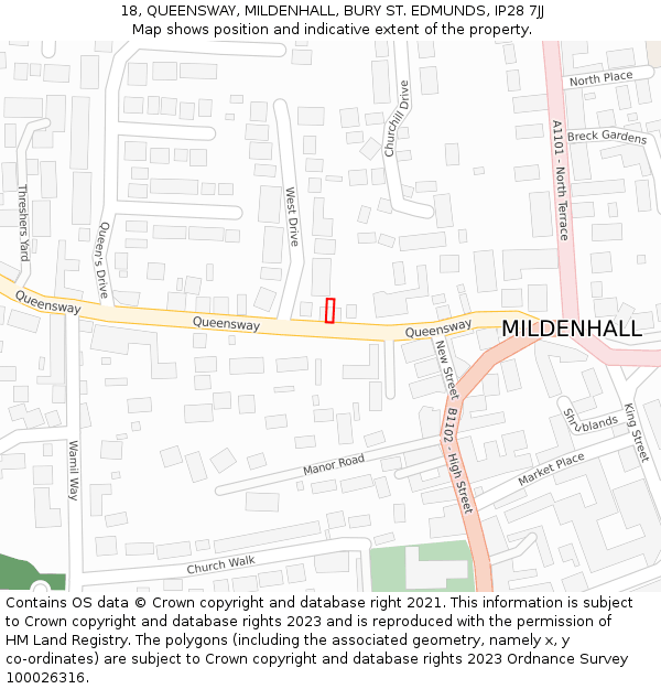 18, QUEENSWAY, MILDENHALL, BURY ST. EDMUNDS, IP28 7JJ: Location map and indicative extent of plot