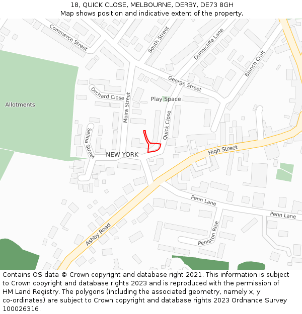 18, QUICK CLOSE, MELBOURNE, DERBY, DE73 8GH: Location map and indicative extent of plot