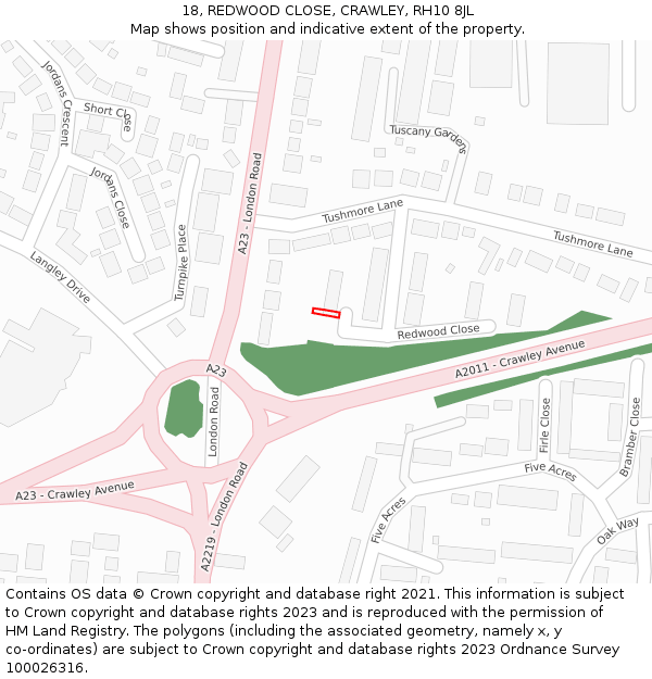 18, REDWOOD CLOSE, CRAWLEY, RH10 8JL: Location map and indicative extent of plot