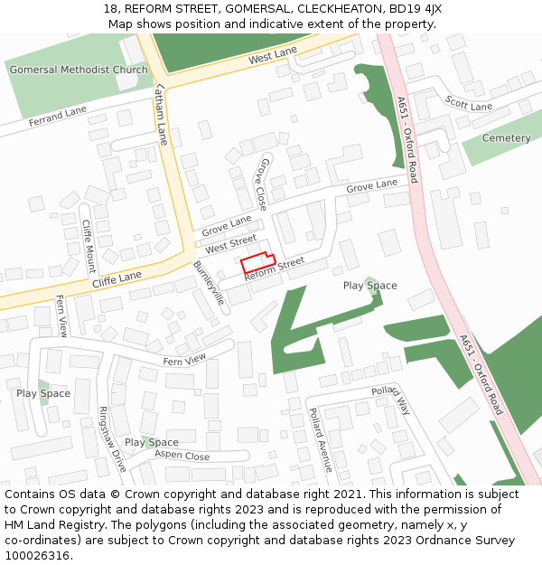18, REFORM STREET, GOMERSAL, CLECKHEATON, BD19 4JX: Location map and indicative extent of plot
