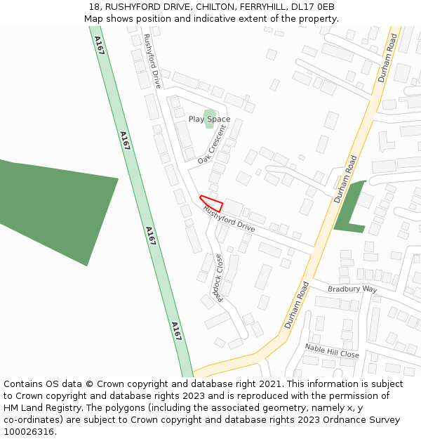 18, RUSHYFORD DRIVE, CHILTON, FERRYHILL, DL17 0EB: Location map and indicative extent of plot
