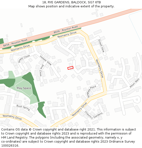 18, RYE GARDENS, BALDOCK, SG7 6TB: Location map and indicative extent of plot