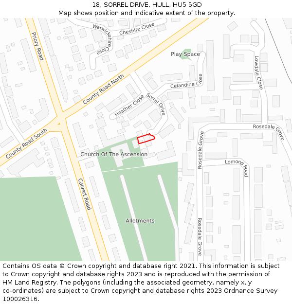 18, SORREL DRIVE, HULL, HU5 5GD: Location map and indicative extent of plot