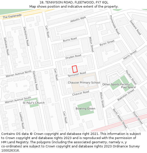 18, TENNYSON ROAD, FLEETWOOD, FY7 6QL: Location map and indicative extent of plot
