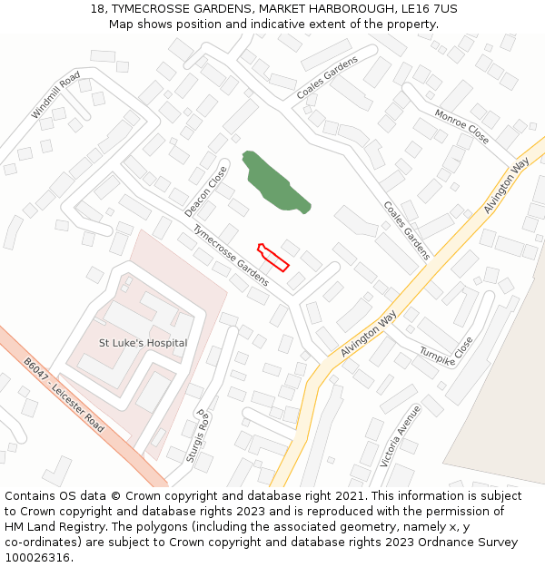 18, TYMECROSSE GARDENS, MARKET HARBOROUGH, LE16 7US: Location map and indicative extent of plot