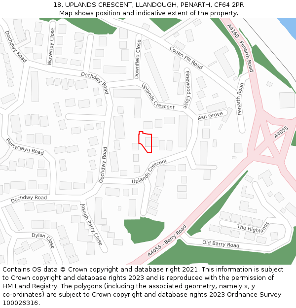 18, UPLANDS CRESCENT, LLANDOUGH, PENARTH, CF64 2PR: Location map and indicative extent of plot