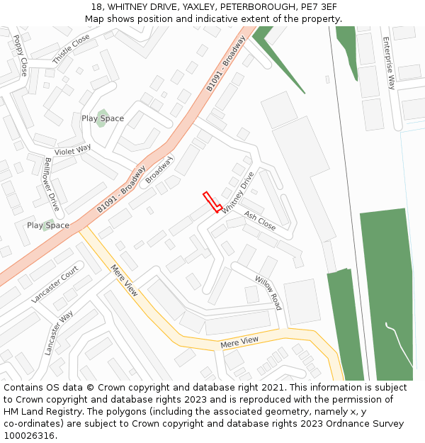 18, WHITNEY DRIVE, YAXLEY, PETERBOROUGH, PE7 3EF: Location map and indicative extent of plot