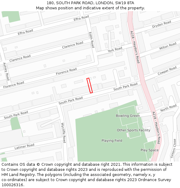 180, SOUTH PARK ROAD, LONDON, SW19 8TA: Location map and indicative extent of plot
