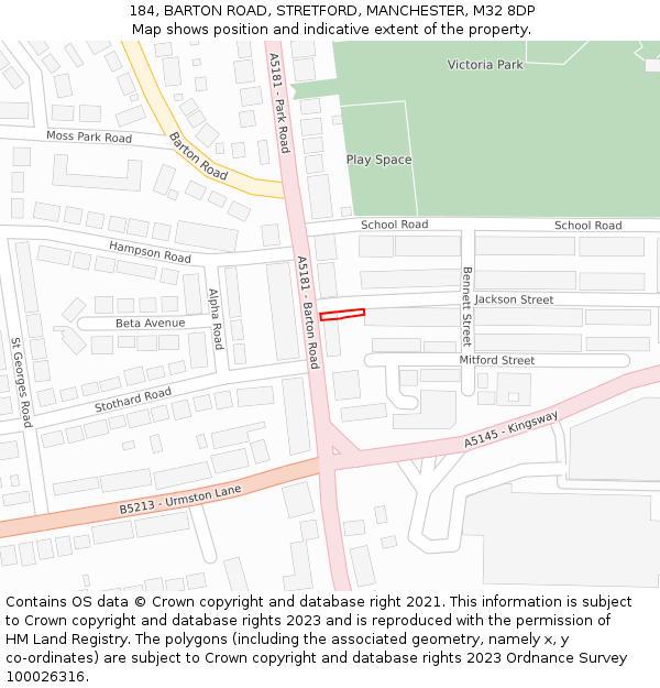184, BARTON ROAD, STRETFORD, MANCHESTER, M32 8DP: Location map and indicative extent of plot