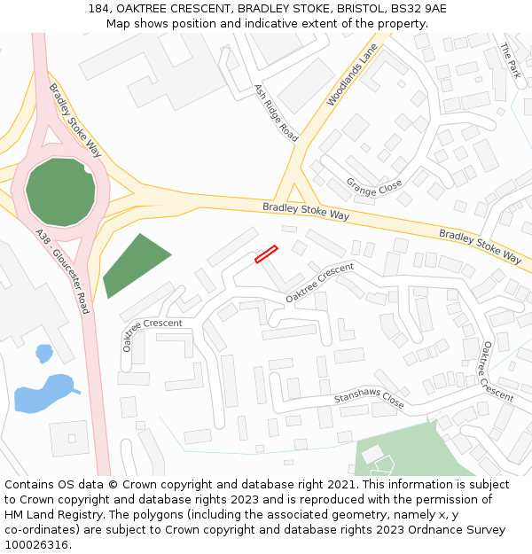 184, OAKTREE CRESCENT, BRADLEY STOKE, BRISTOL, BS32 9AE: Location map and indicative extent of plot