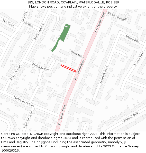 185, LONDON ROAD, COWPLAIN, WATERLOOVILLE, PO8 8ER: Location map and indicative extent of plot