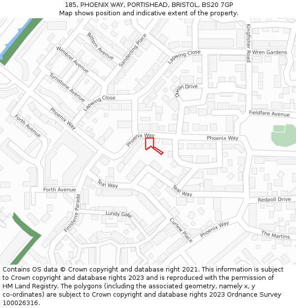 185, PHOENIX WAY, PORTISHEAD, BRISTOL, BS20 7GP: Location map and indicative extent of plot