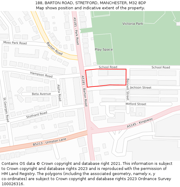 188, BARTON ROAD, STRETFORD, MANCHESTER, M32 8DP: Location map and indicative extent of plot