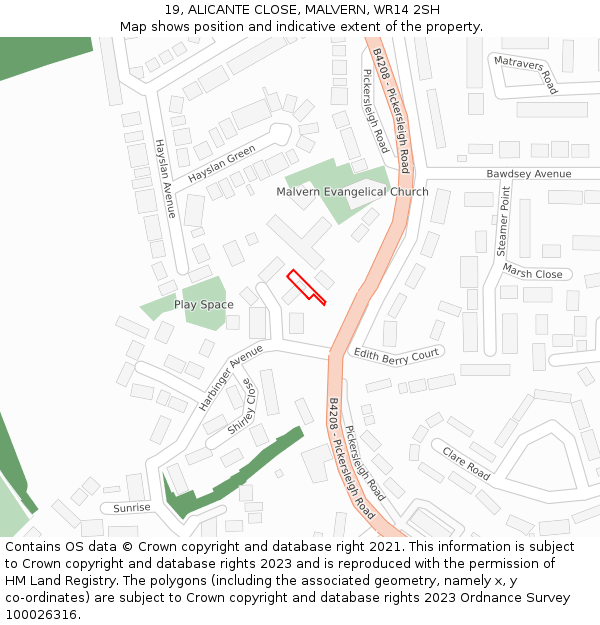 19, ALICANTE CLOSE, MALVERN, WR14 2SH: Location map and indicative extent of plot