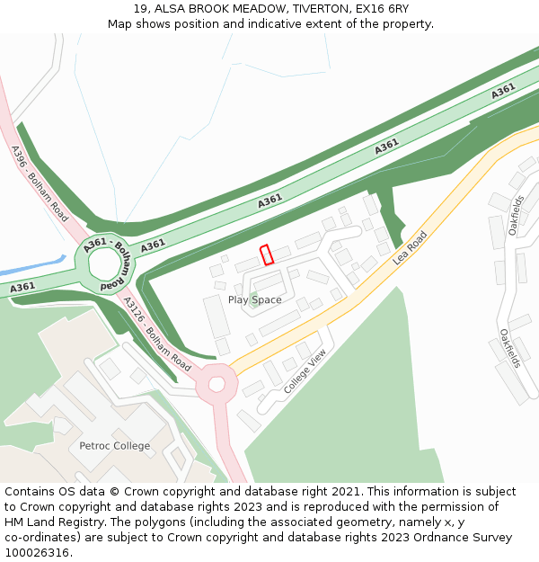 19, ALSA BROOK MEADOW, TIVERTON, EX16 6RY: Location map and indicative extent of plot
