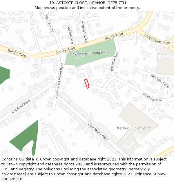 19, ASTCOTE CLOSE, HEANOR, DE75 7TH: Location map and indicative extent of plot