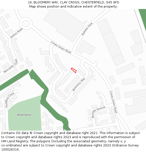 19, BLOOMERY WAY, CLAY CROSS, CHESTERFIELD, S45 9FD: Location map and indicative extent of plot