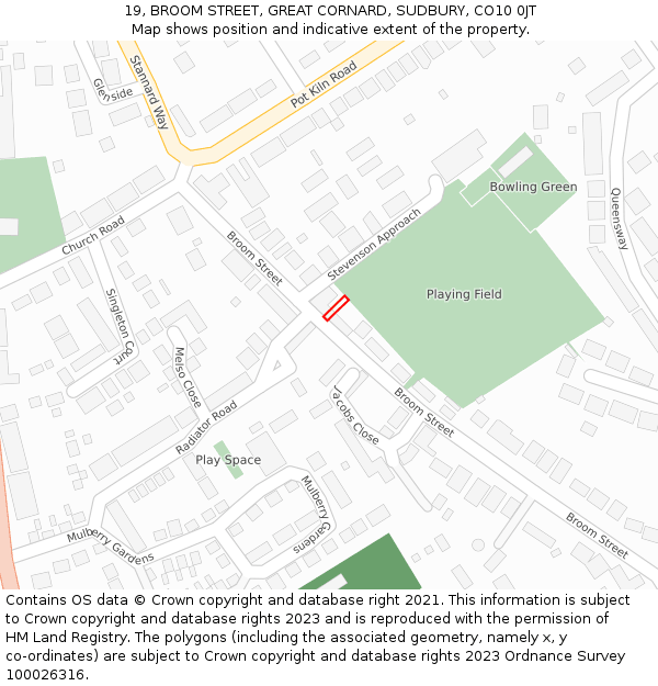 19, BROOM STREET, GREAT CORNARD, SUDBURY, CO10 0JT: Location map and indicative extent of plot
