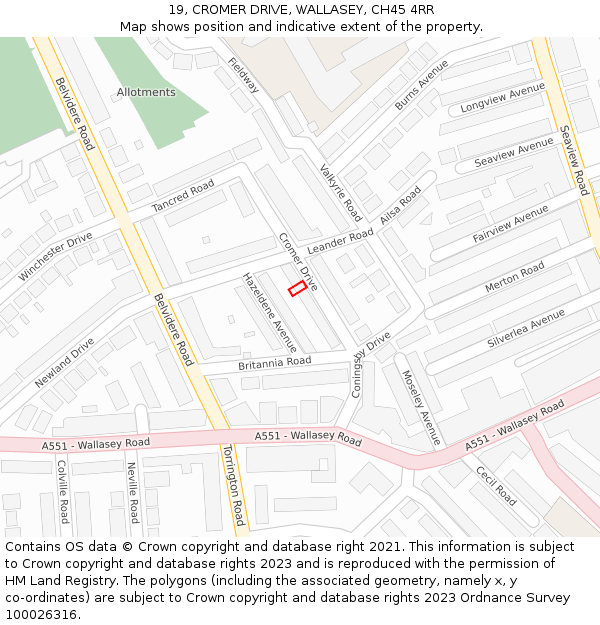 19, CROMER DRIVE, WALLASEY, CH45 4RR: Location map and indicative extent of plot