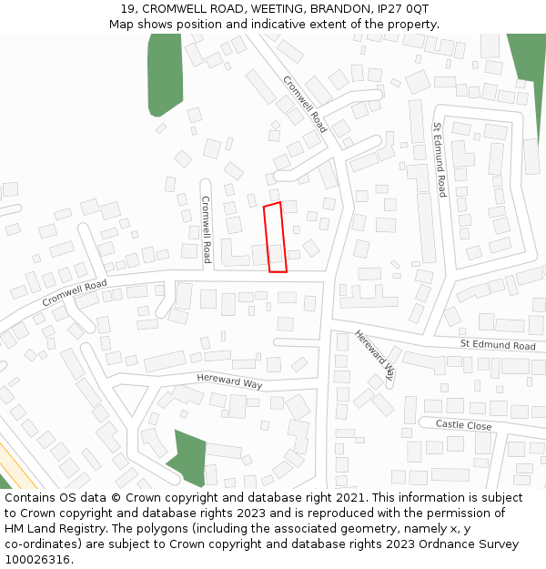 19, CROMWELL ROAD, WEETING, BRANDON, IP27 0QT: Location map and indicative extent of plot