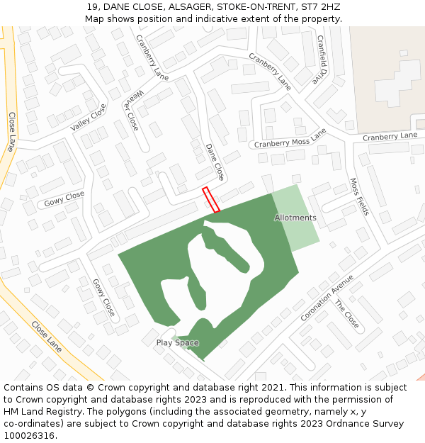 19, DANE CLOSE, ALSAGER, STOKE-ON-TRENT, ST7 2HZ: Location map and indicative extent of plot