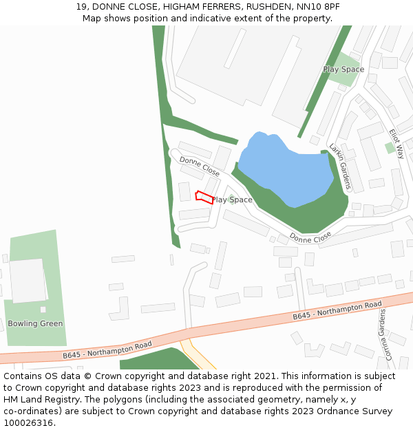 19, DONNE CLOSE, HIGHAM FERRERS, RUSHDEN, NN10 8PF: Location map and indicative extent of plot