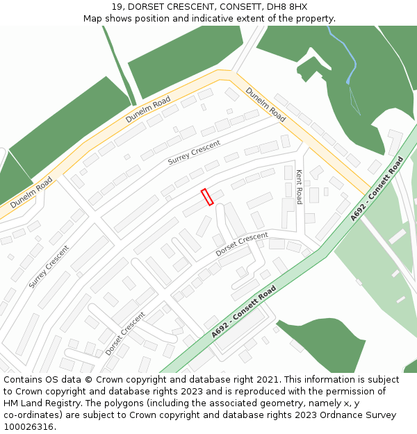 19, DORSET CRESCENT, CONSETT, DH8 8HX: Location map and indicative extent of plot