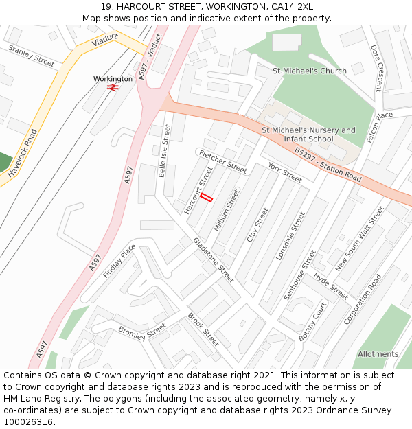 19, HARCOURT STREET, WORKINGTON, CA14 2XL: Location map and indicative extent of plot