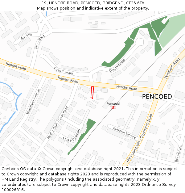 19, HENDRE ROAD, PENCOED, BRIDGEND, CF35 6TA: Location map and indicative extent of plot