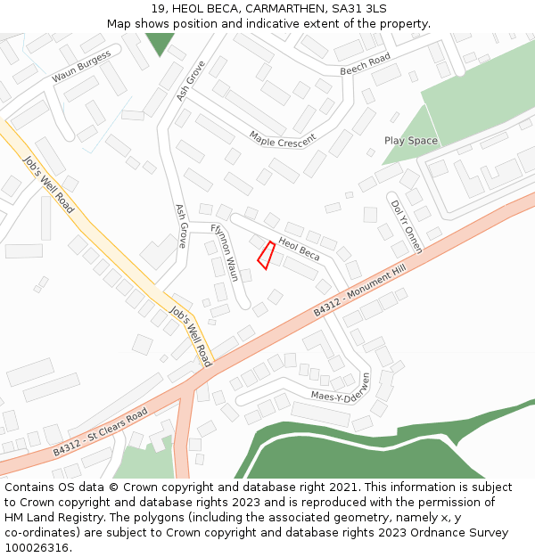 19, HEOL BECA, CARMARTHEN, SA31 3LS: Location map and indicative extent of plot
