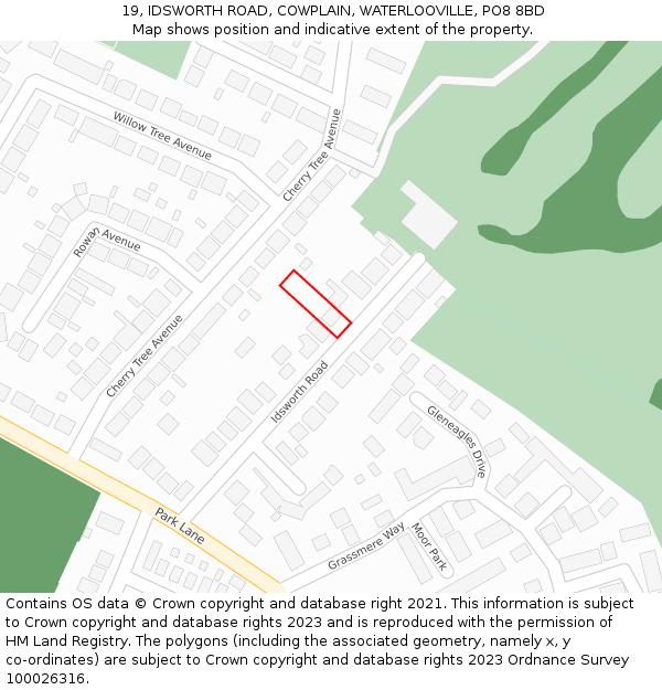 19, IDSWORTH ROAD, COWPLAIN, WATERLOOVILLE, PO8 8BD: Location map and indicative extent of plot