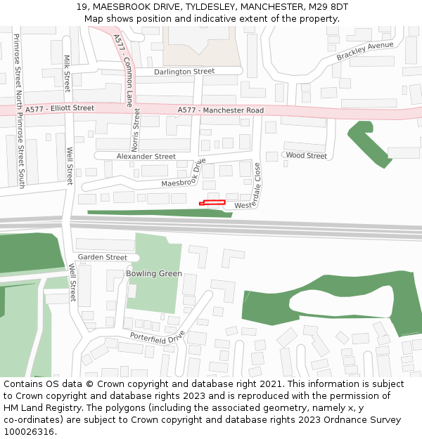 19, MAESBROOK DRIVE, TYLDESLEY, MANCHESTER, M29 8DT: Location map and indicative extent of plot