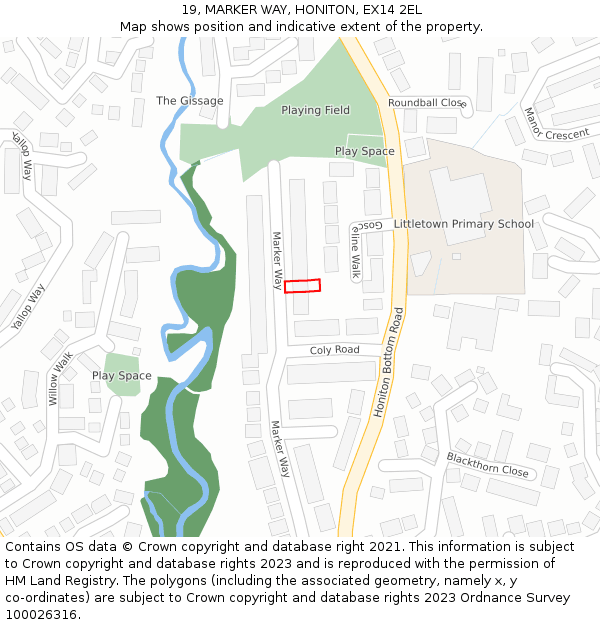 19, MARKER WAY, HONITON, EX14 2EL: Location map and indicative extent of plot
