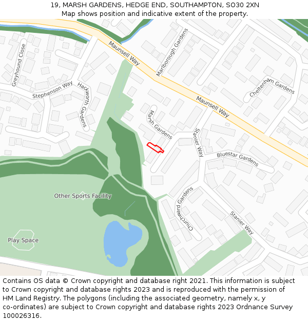 19, MARSH GARDENS, HEDGE END, SOUTHAMPTON, SO30 2XN: Location map and indicative extent of plot