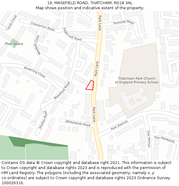 19, MASEFIELD ROAD, THATCHAM, RG18 3AL: Location map and indicative extent of plot
