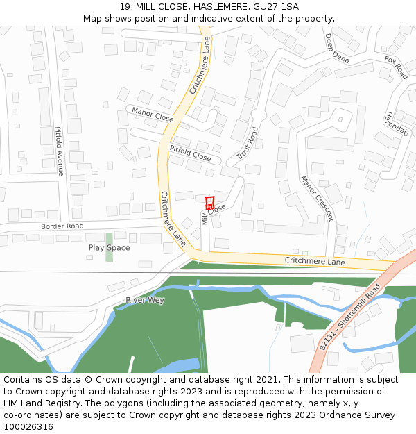 19, MILL CLOSE, HASLEMERE, GU27 1SA: Location map and indicative extent of plot