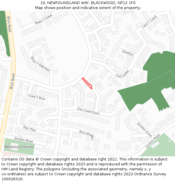 19, NEWFOUNDLAND WAY, BLACKWOOD, NP12 1FS: Location map and indicative extent of plot