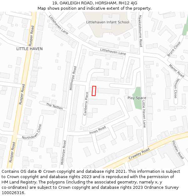 19, OAKLEIGH ROAD, HORSHAM, RH12 4JG: Location map and indicative extent of plot