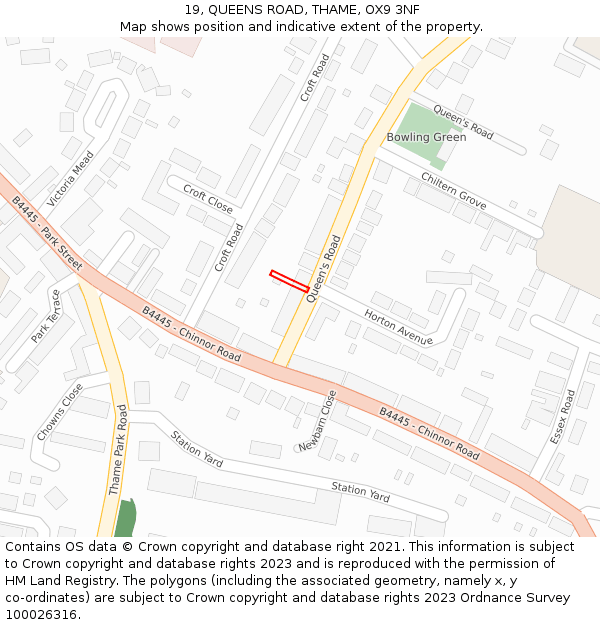 19, QUEENS ROAD, THAME, OX9 3NF: Location map and indicative extent of plot