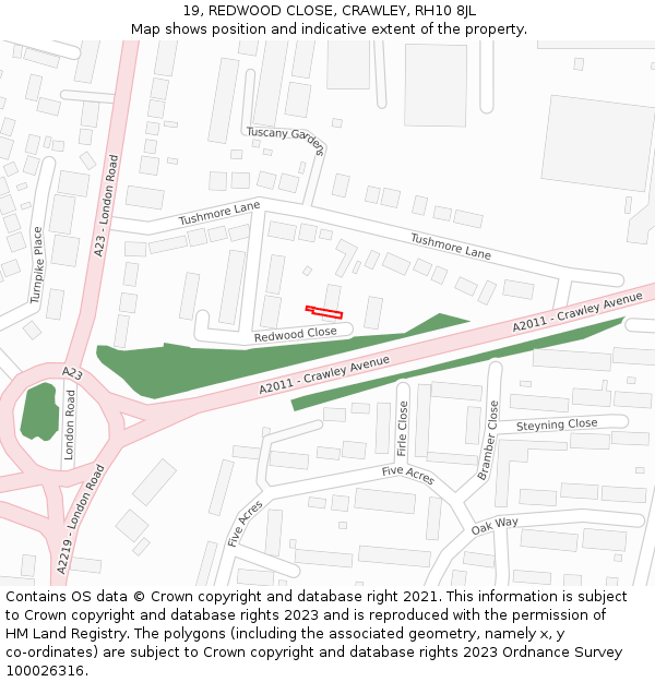 19, REDWOOD CLOSE, CRAWLEY, RH10 8JL: Location map and indicative extent of plot